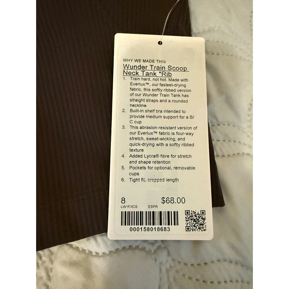 NWT Lululemon Wunder Train Scoop Neck Rib Tank Espresso Brown Size 8
